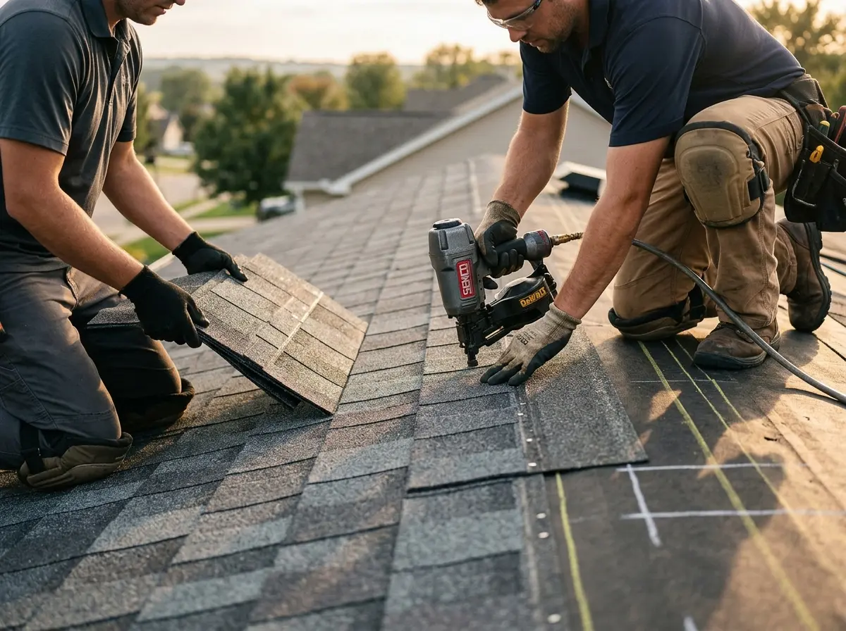 Professional roofer working on a residential roof in Dunellen